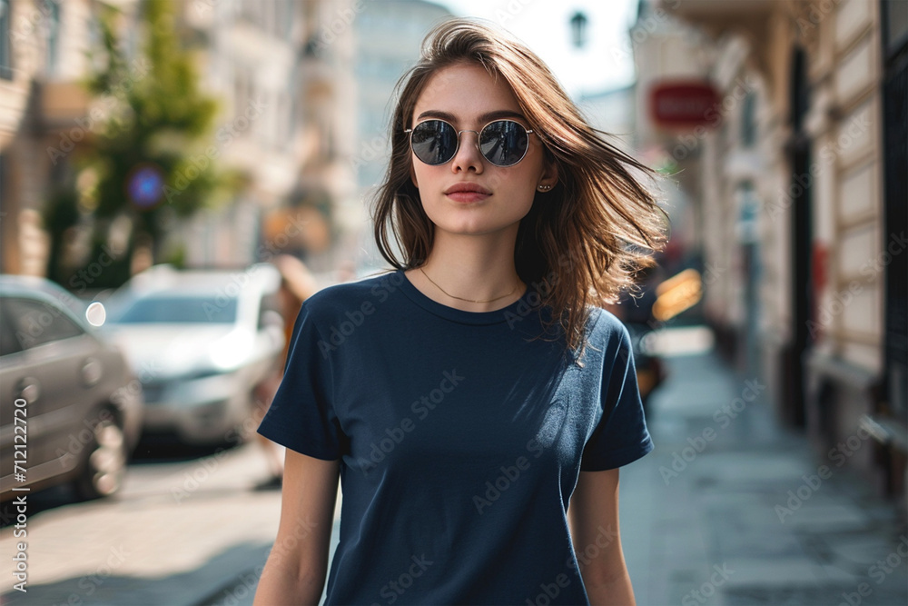 Navy-blue t-shirt mockup wearing by a female model - Round neck t-shirt mockup Navy-blue t-shirt mockup wearing by a female model - Round neck t-shirt mockup