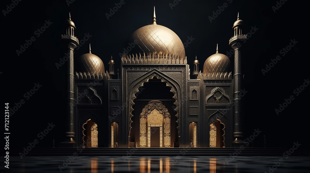 3D black and gold luxury mosque with dark background