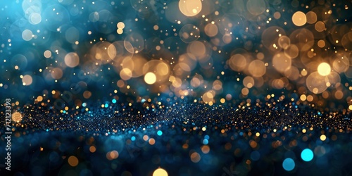 background of abstract glitter lights. blue, gold and black. de focused. banner photo