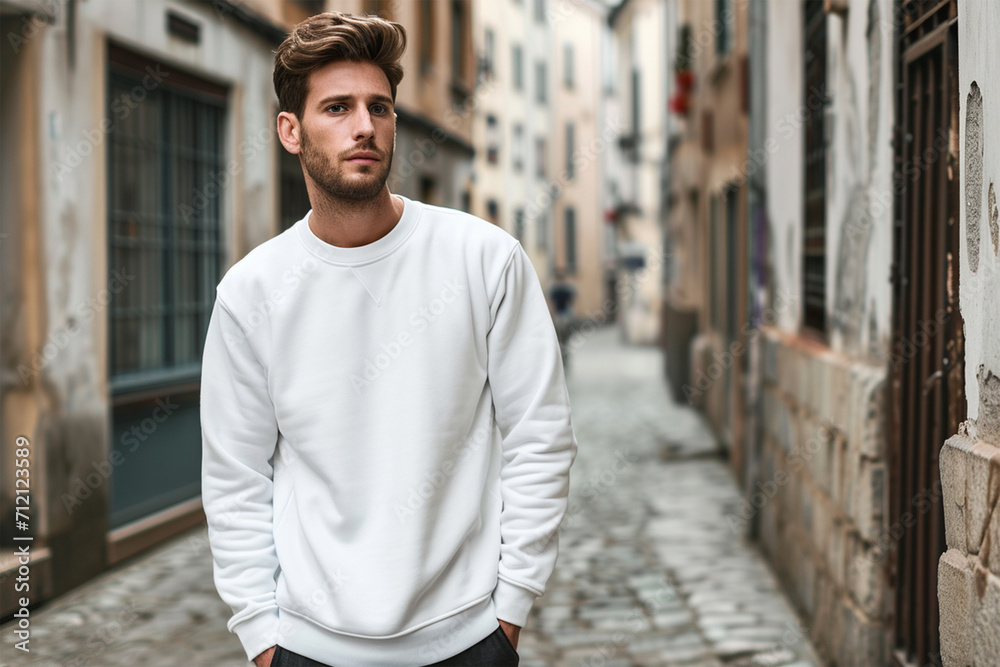 White sweatshirt mockup wearing by a male model - Round neck sweatshirt mockup White sweatshirt mockup wearing by a male model - Round neck sweatshirt mockup