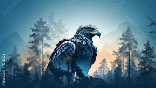 An eagle in a forest , double exposure, gradient blue-green and orange sunset background. photo