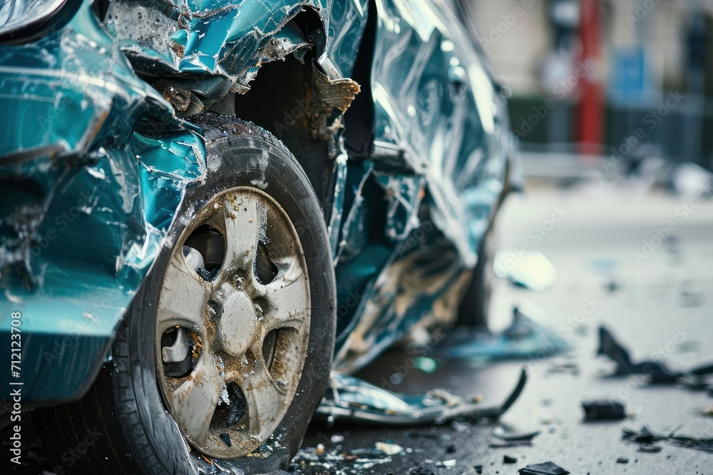 Capturing the aftermath of a car accident with a broken vehicle, highlighting the importance of road safety and caution Capturing the aftermath of a car accident with a broken vehicle, highlighting the importance of road safety and caution