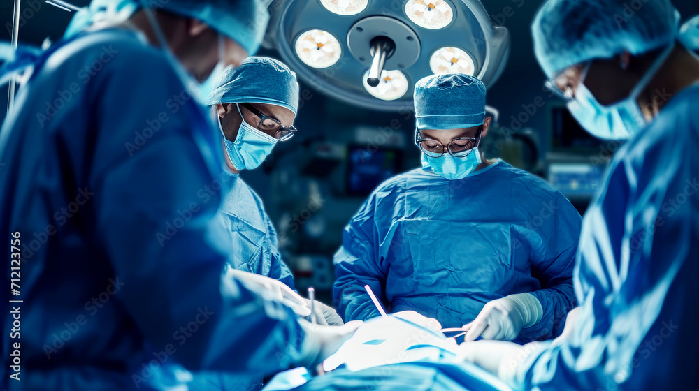 Photo of a male doctor performing surgery in an operating room. Generative AI Photo of a male doctor performing surgery in an operating room. Generative AI