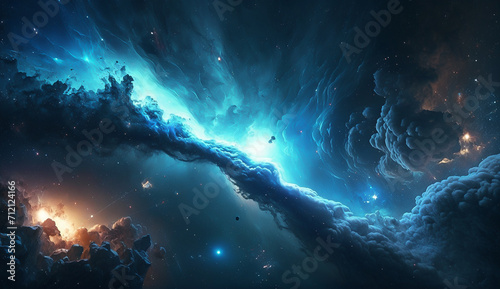 Colorful dark blue nebula in space