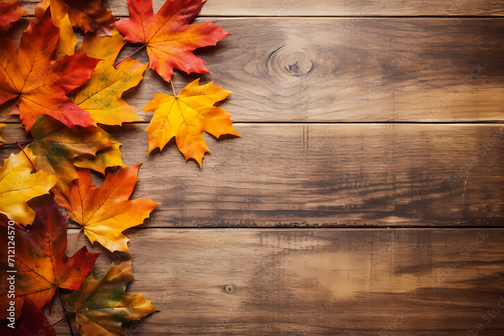 Autumn Background With Copy Space, A Group Of Colorful Leaves On A Wood Surface Autumn Background With Copy Space, A Group Of Colorful Leaves On A Wood Surface