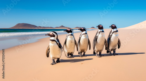 A group of penguins march across a vast desert landscape, their figures casting long shadows on the rippled sand under a clear blue sky. Global warming issues. Overcoming the challenges. Motivation