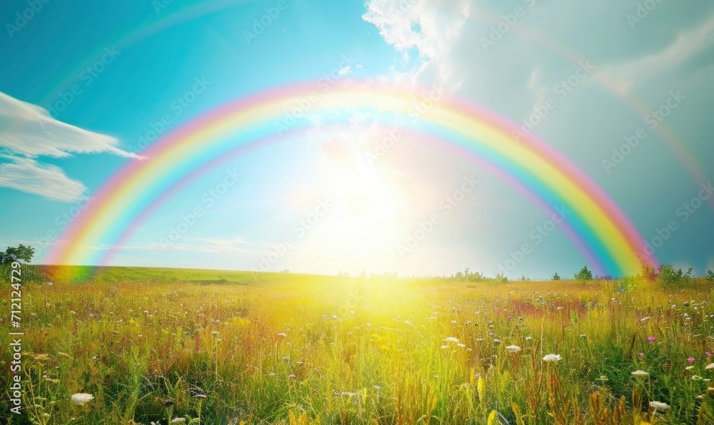 Naklejka premium rainbow with sunshine over the field