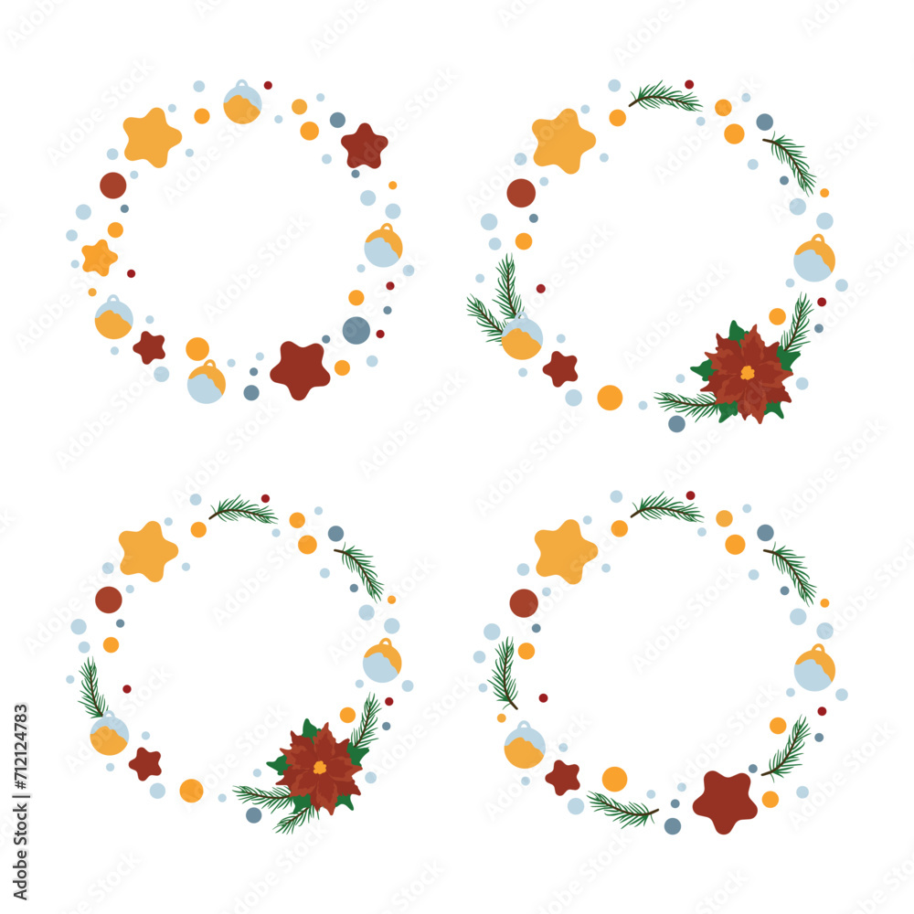 A set of winter wreaths made from fir branches, decorated with poinsettias and Christmas ornaments, balls and stars. Modern design for holiday invitation card, poster, banner, greeting card