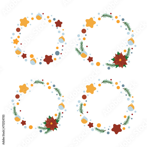 A set of winter wreaths made from fir branches  decorated with poinsettias and Christmas ornaments  balls and stars. Modern design for holiday invitation card  poster  banner  greeting card