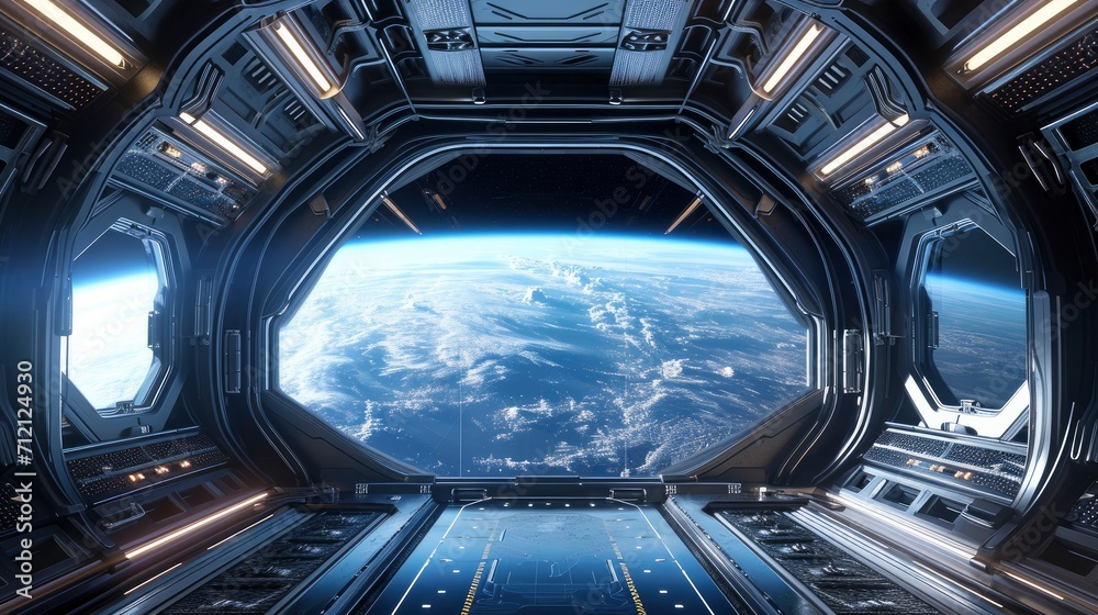 Spaceship futuristic interior with view on planet Earth. Spaceship futuristic interior with view on planet Earth.