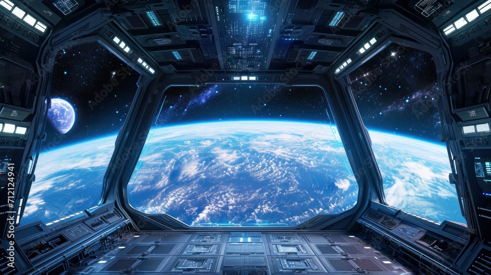 Fototapeta premium Spaceship futuristic interior with view on planet Earth.