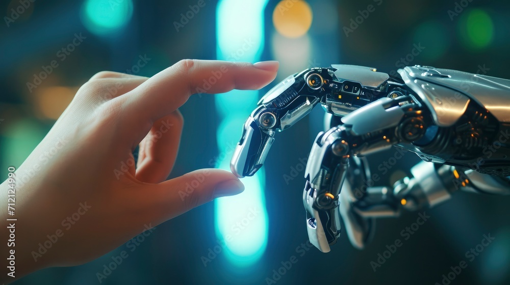 The human finger delicately touches the finger of a robot's metallic ...