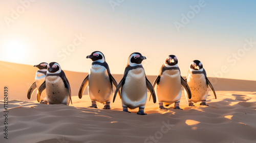 Group of desert penguins standing curiously on sand, bathed in golden light sun. Wildlife Conservation. Global warming, climate change. Overcoming challenges. Getting out of your comfort zone