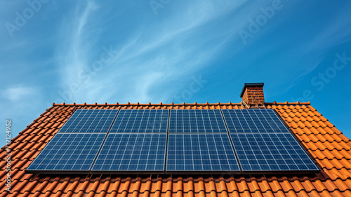 Solar panels on roof top of house , beautiful blue sky background,generative ai