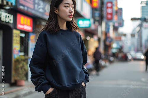 Navy-blue sweatshirt mockup wearing by a female model - Round neck sweatshirt mockup