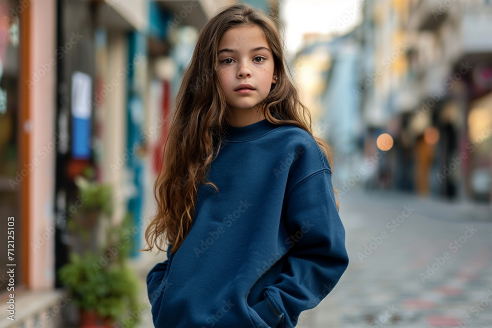 Navy-blue sweatshirt mockup wearing by a young girl model - Round neck sweatshirt mockup