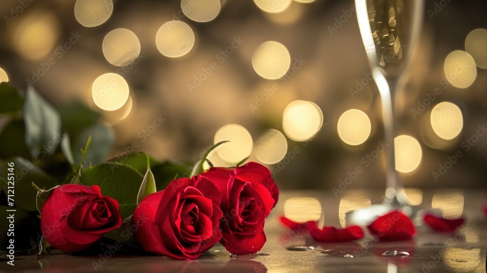 Valentines day red roses on table with champagne, in the style of bokeh Valentines day red roses on table with champagne, in the style of bokeh