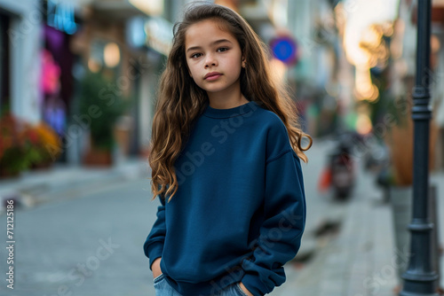 Navy-blue sweatshirt mockup wearing by a young girl model - Round neck sweatshirt mockup