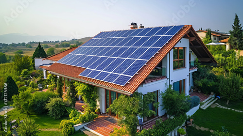 top view Solar panels on roof top of house with beautiful landscape,generative ai photo