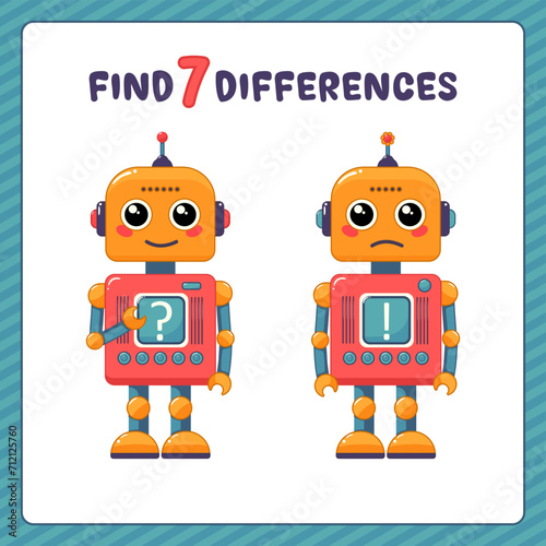 Find differences, education game for children, Robot. Game find the difference between two robots. Children funny entertainment. Android in flat style isolated on white background.