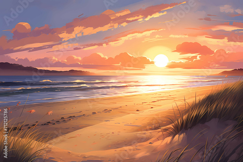 A Beach At Sunset With Grassy Sand And A Sunset Sun, A Sunset Over A Beach