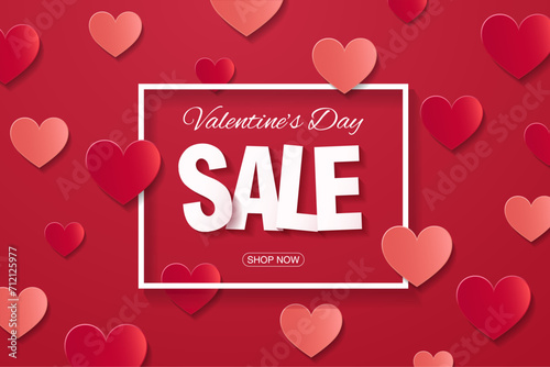 Valentine day sale banner or poster vector background with red paper hearts and badge for your text. Special offers, best deals, discounts. Shopping promotion and advertising.