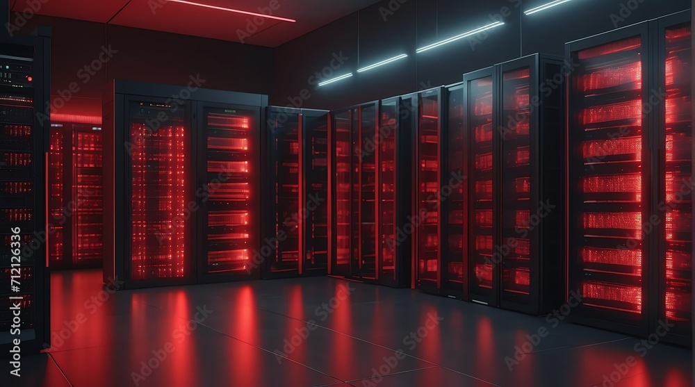 Big data center with rows of server racks in a red light room, technology internet of things connections ad concept from Generative AI