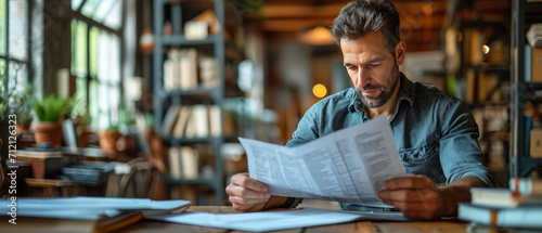 Young busy business man lawyer, tax accountant manager holding paper documents checking bills ,generative ai