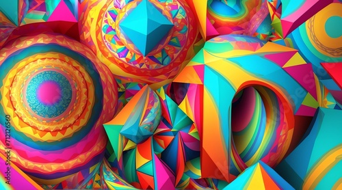 Psychedelic geometric shapes style with colorful color patterns  d background from Generative AI