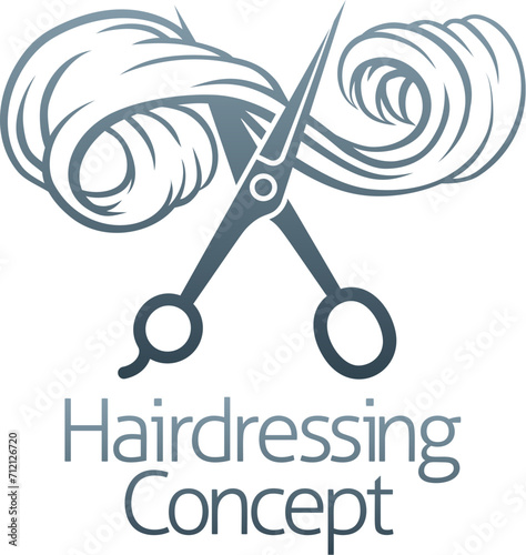 Hairdresser or hair salon concept icon with silhouette hairdressers scissors cutting a long flowing lock of womans hair. photo