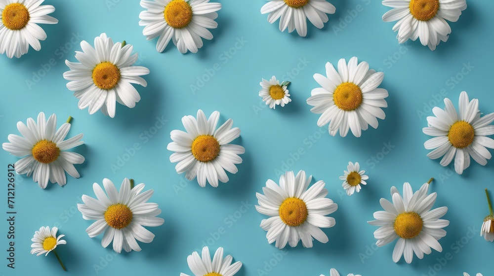 Daisy pattern. Flat lay spring and summer chamomile flowers on a blue background. Repetition concept. Top view