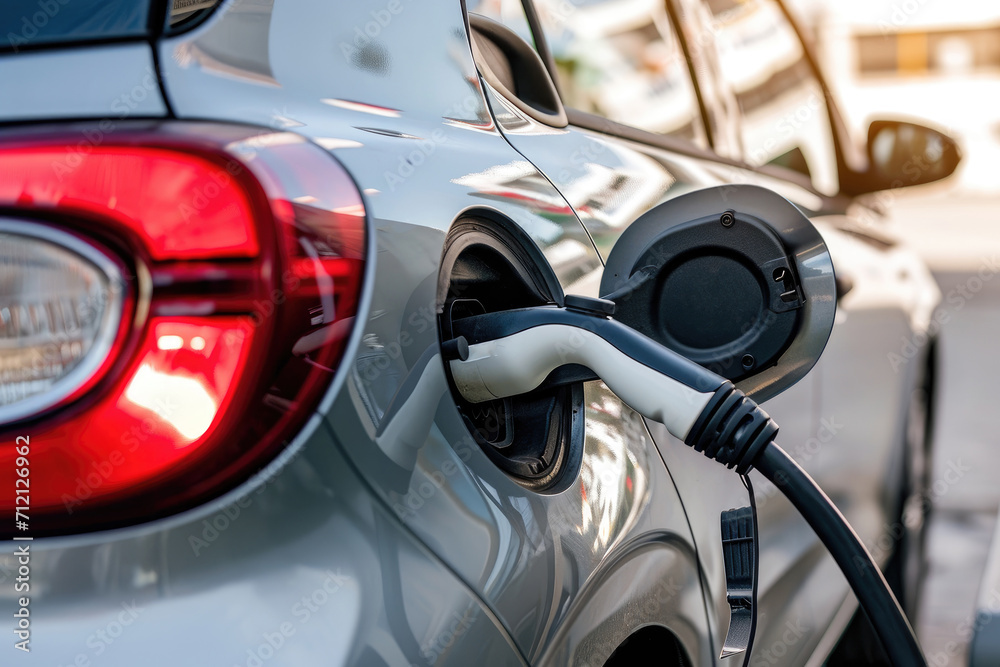 Electric Vehicle Charging Station Plugged into Car: Clean Energy for a Sustainable Future, Generative AI Electric Vehicle Charging Station Plugged into Car: Clean Energy for a Sustainable Future, Generative AI