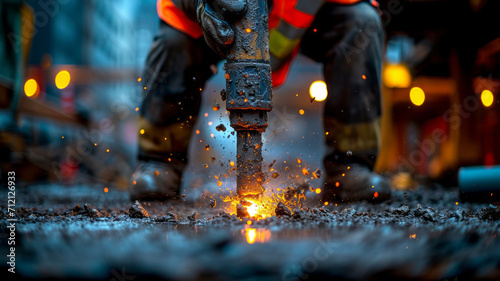Generative AI A laborer uses a jackhammer to break up a concrete © LomaPari2021