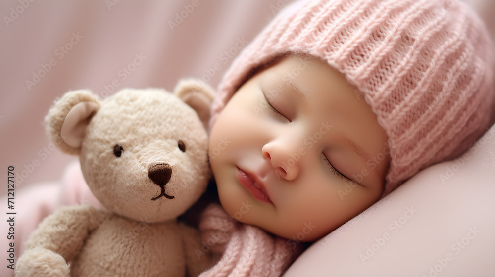 Newborn baby sleeps in a crib with a toy