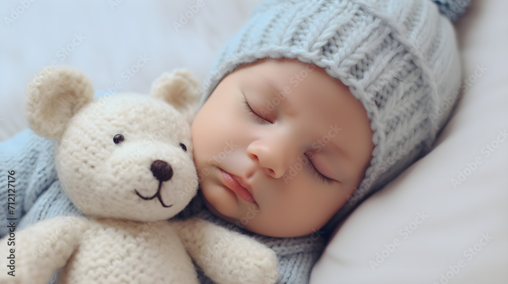 Newborn baby sleeps in a crib with a toy Newborn baby sleeps in a crib with a toy