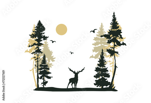 forest landscape with deer silhouette