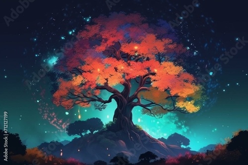 Beautiful tree with night sky and colorful ambiance. Fantasy concept art illustration. Generative AI