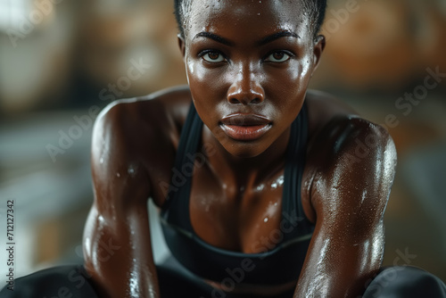 Sport motivation, portrait of a sweaty beautiful afro american woman athlete training in gym. Slim fitness sportswoman with short hair in tight-fitting sportswear sitting and looking forward