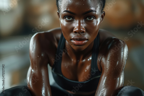 Sport motivation, portrait of a sweaty beautiful afro american woman athlete training in gym. Slim fitness sportswoman with short hair in tight-fitting sportswear sitting and looking forward photo