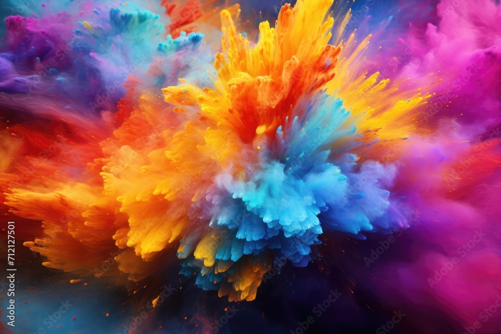 Holi festival, Colorful magic explosion on dark background. Generative ai