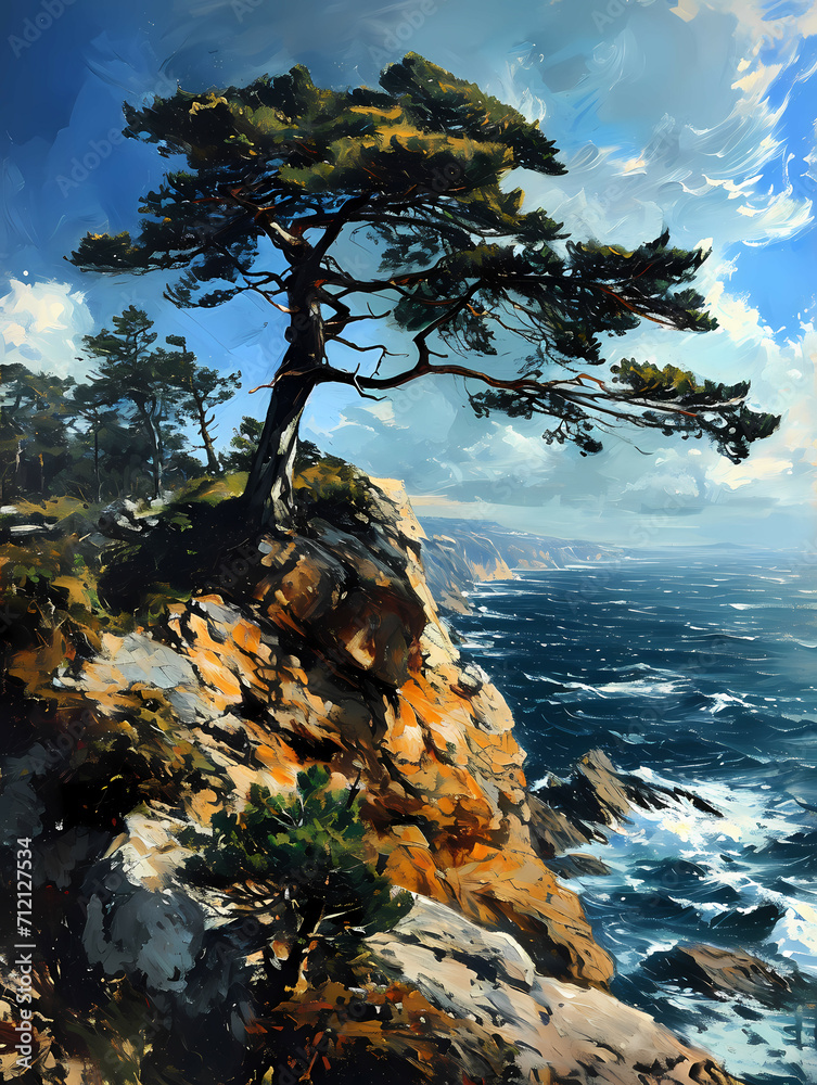 Wind, A Tree On A Cliff By The Ocean