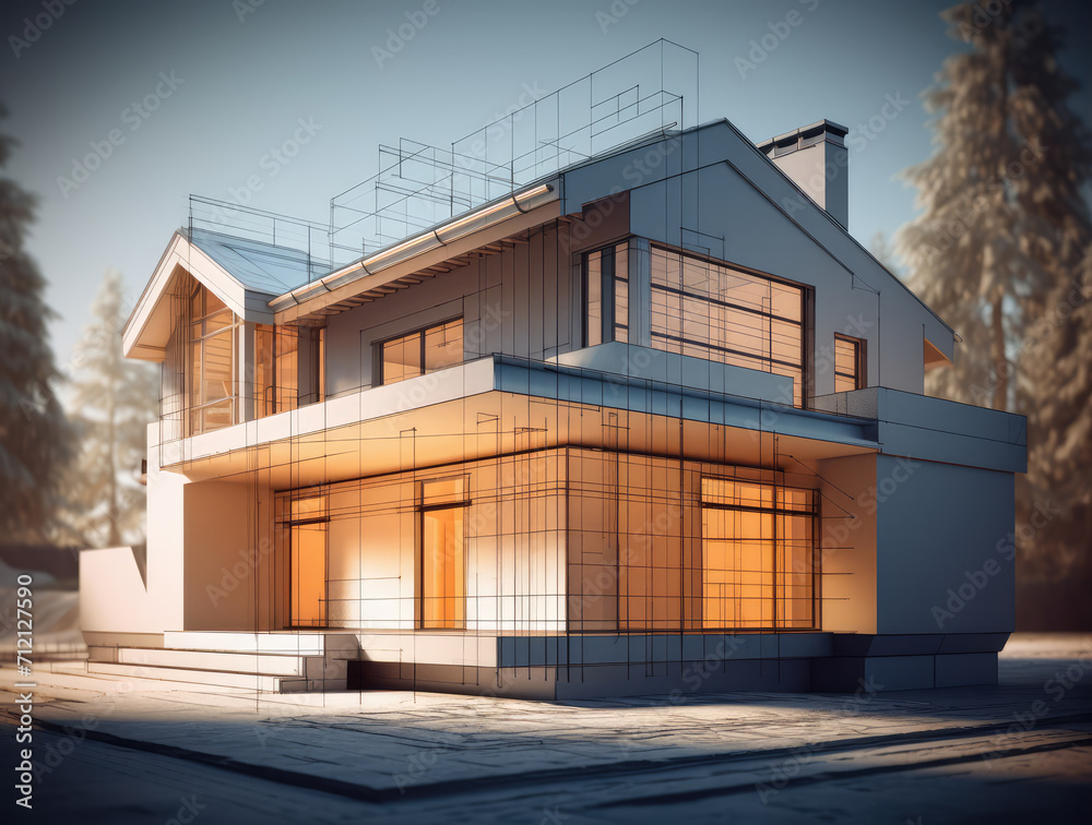 3D rendered mansion with blueprint