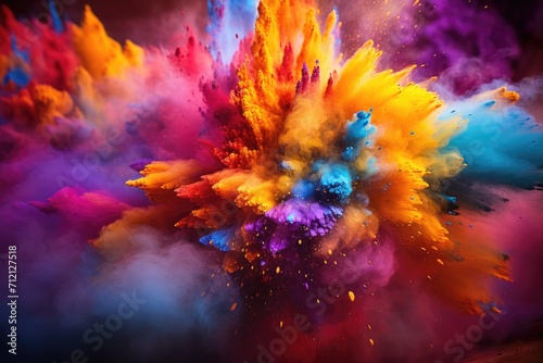 Holi festival, Colorful magic explosion on dark background. Generative ai © Phichitpon