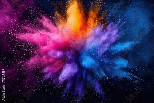 Holi festival, Colorful magic explosion on dark background. Generative ai photo