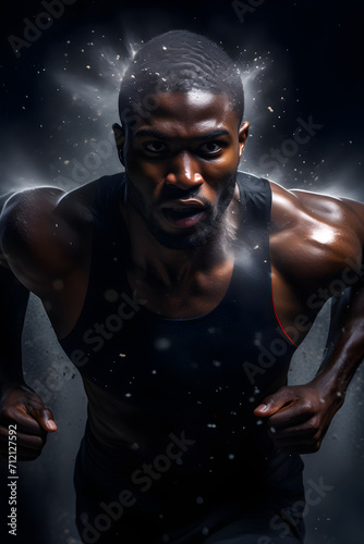 Powerful depiction of an athlete in maximum concentration and tension.