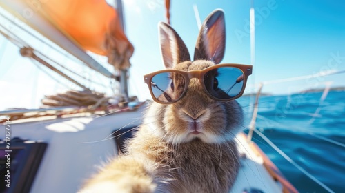 A rabbit is sitting on a boat in the ocean, Ai Generated