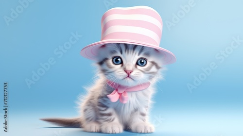 The image shows a kitten sitting on a blue background, Ai Generated