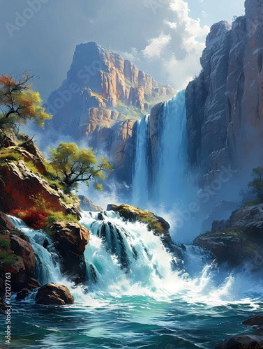 Waterfalls Landscape, A Waterfall In A Rocky Area © netsign