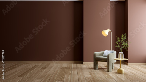Fototapeta Naklejka Na Ścianę i Meble -  Pinecone color,modern living room interior , green armchair and yellow  table ,wall mockup ,3d rendering
