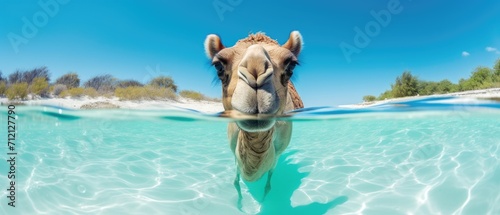 The image shows a close-up of a camel swimming in the ocean, Ai Generated